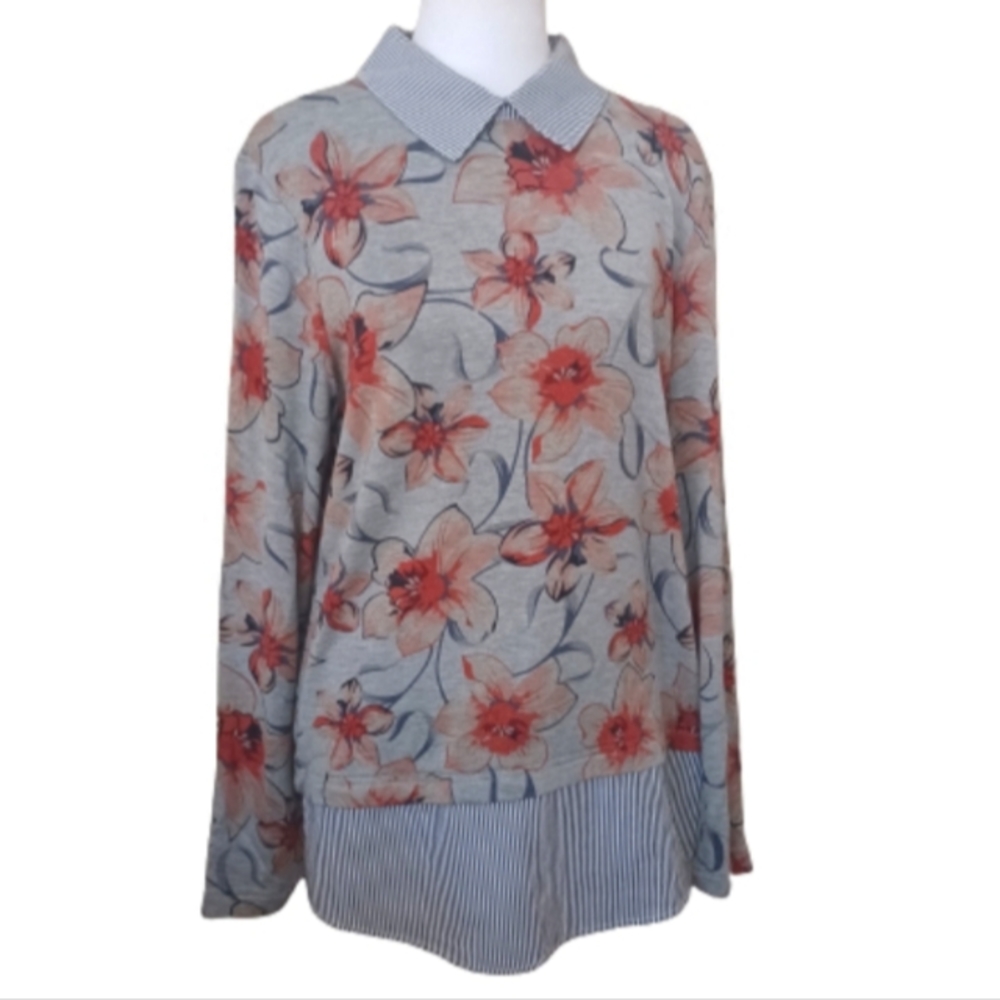 Zac & Rachel Gray Floral Print Layered Look Shirt XL Long Sleeve Collard…